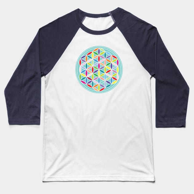 Flower of Life Multicolored on Blue Baseball T-Shirt by NataliePaskell